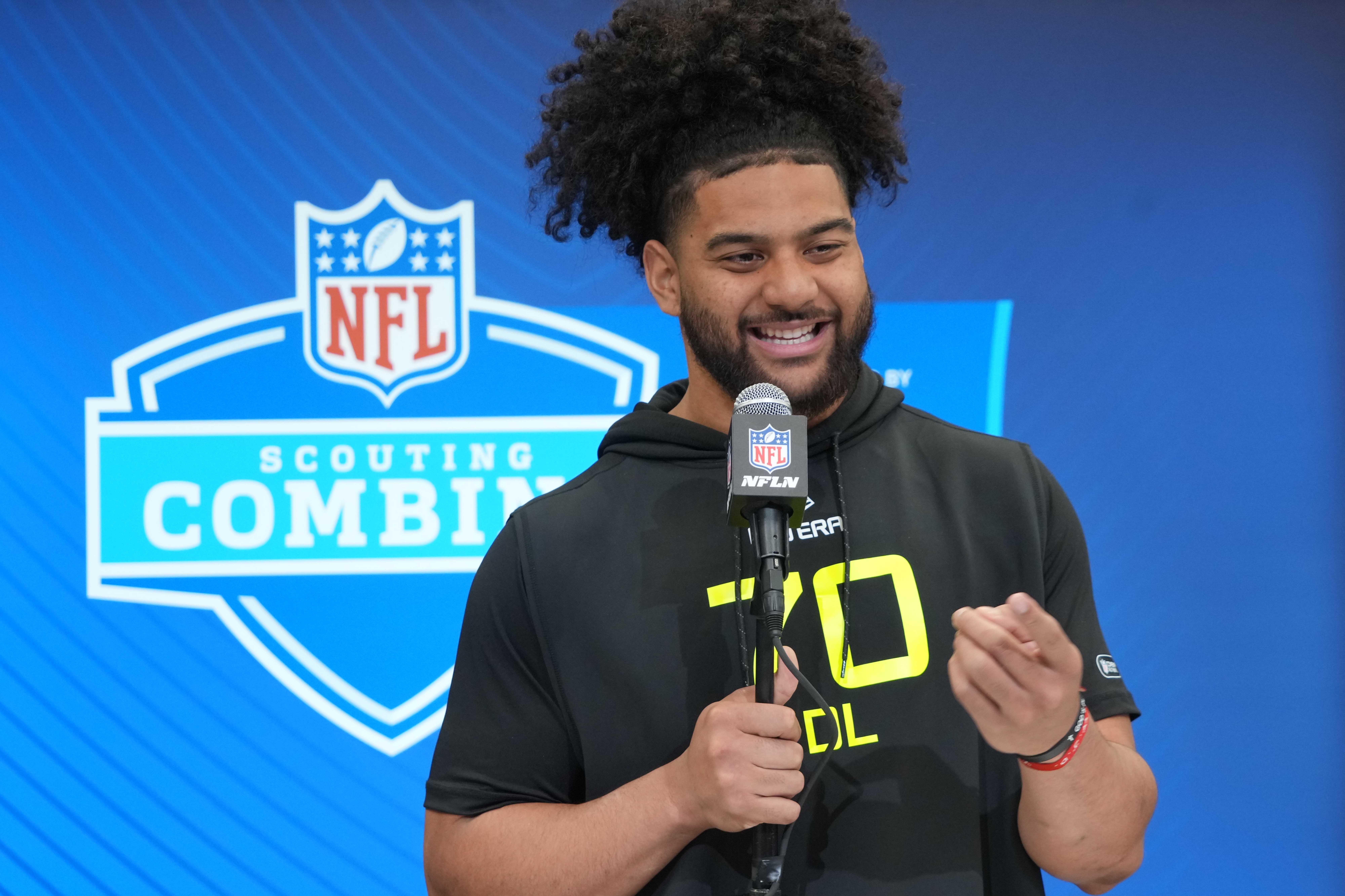Feb 27, 2025; Indianapolis, IN, USA; Ohio State defensive lineman J.T. Tuimoloau (DL70) during the 2025 NFL Scouting Combine at the Indiana Convention Center.