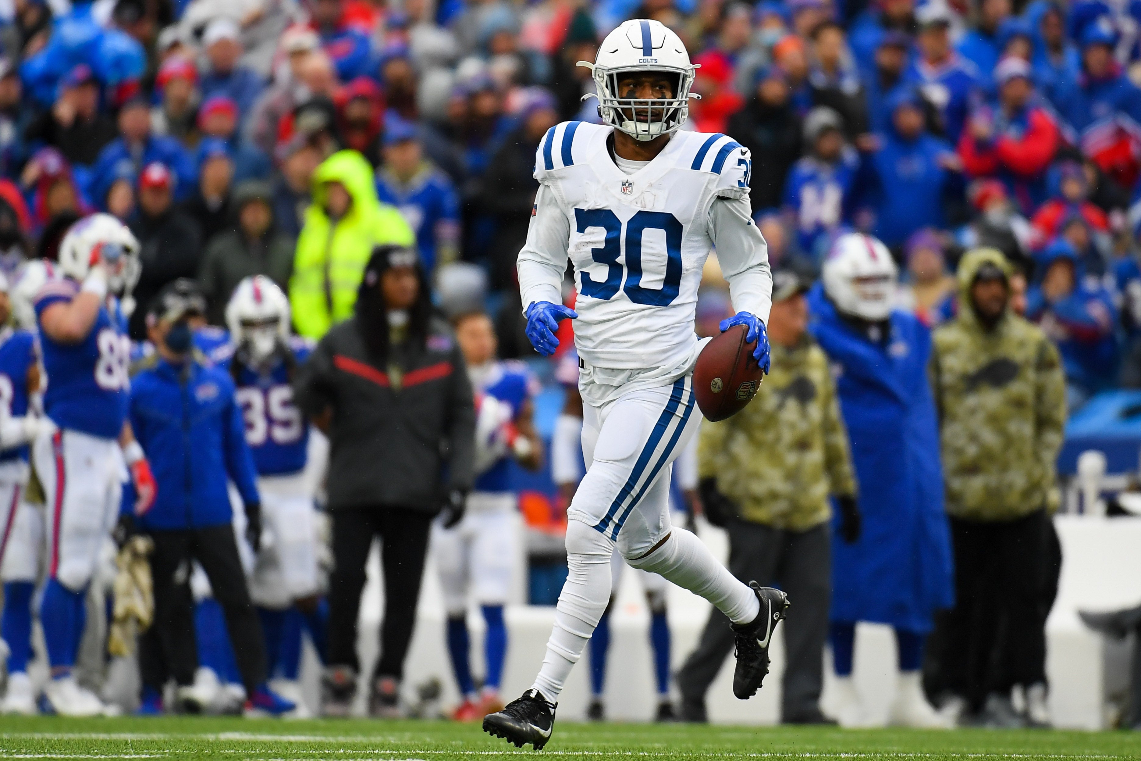 Nov 21, 2021; Orchard Park, New York, USA; Indianapolis Colts defensive back George Odum (30) reacts to a play against the Buffalo Bills during the first half at Highmark Stadium.