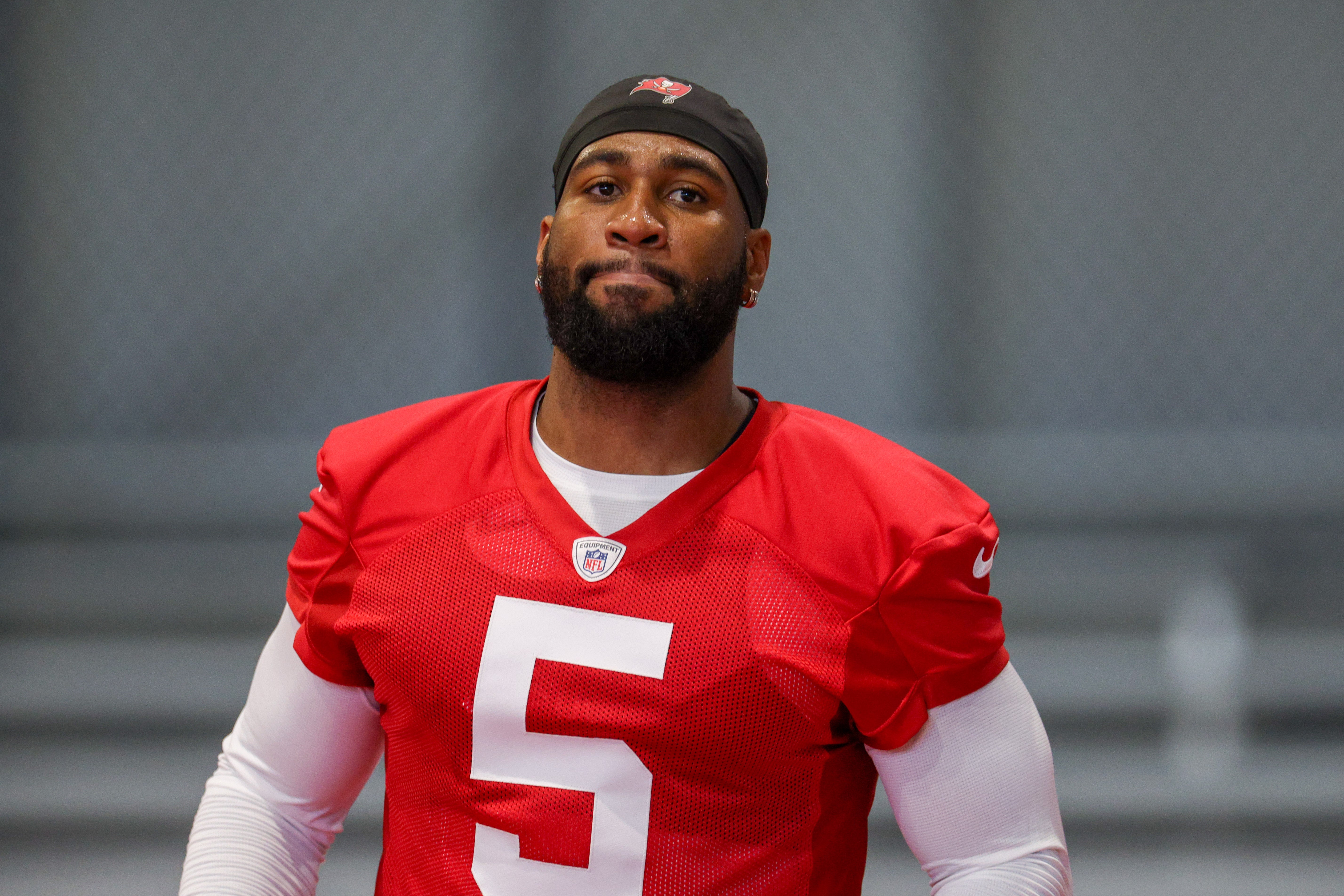 Jun 10, 2025; Tampa Bay, FL, USA; Tampa Bay Buccaneers linebacker Haason Reddick (5) participates in mini camp at AdventHealth Training Center. 