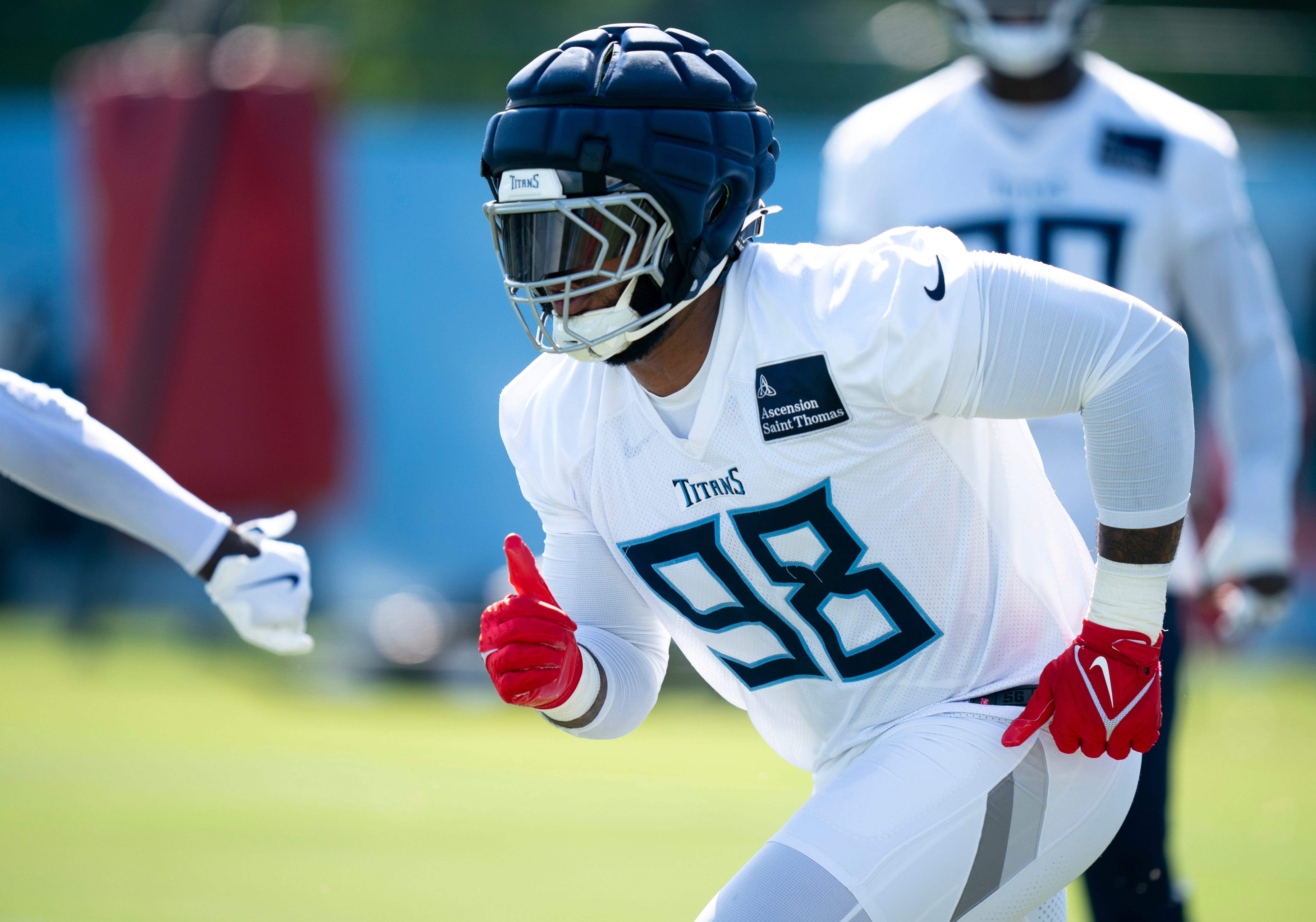 Tennessee Titans defensive tackle Jeffery Simmons (98) runs drills during the Tennessee Titans second day of training camp at Ascension Saint Thomas Sports Park in Nashville, Tenn., Thursday, July 24, 2025.