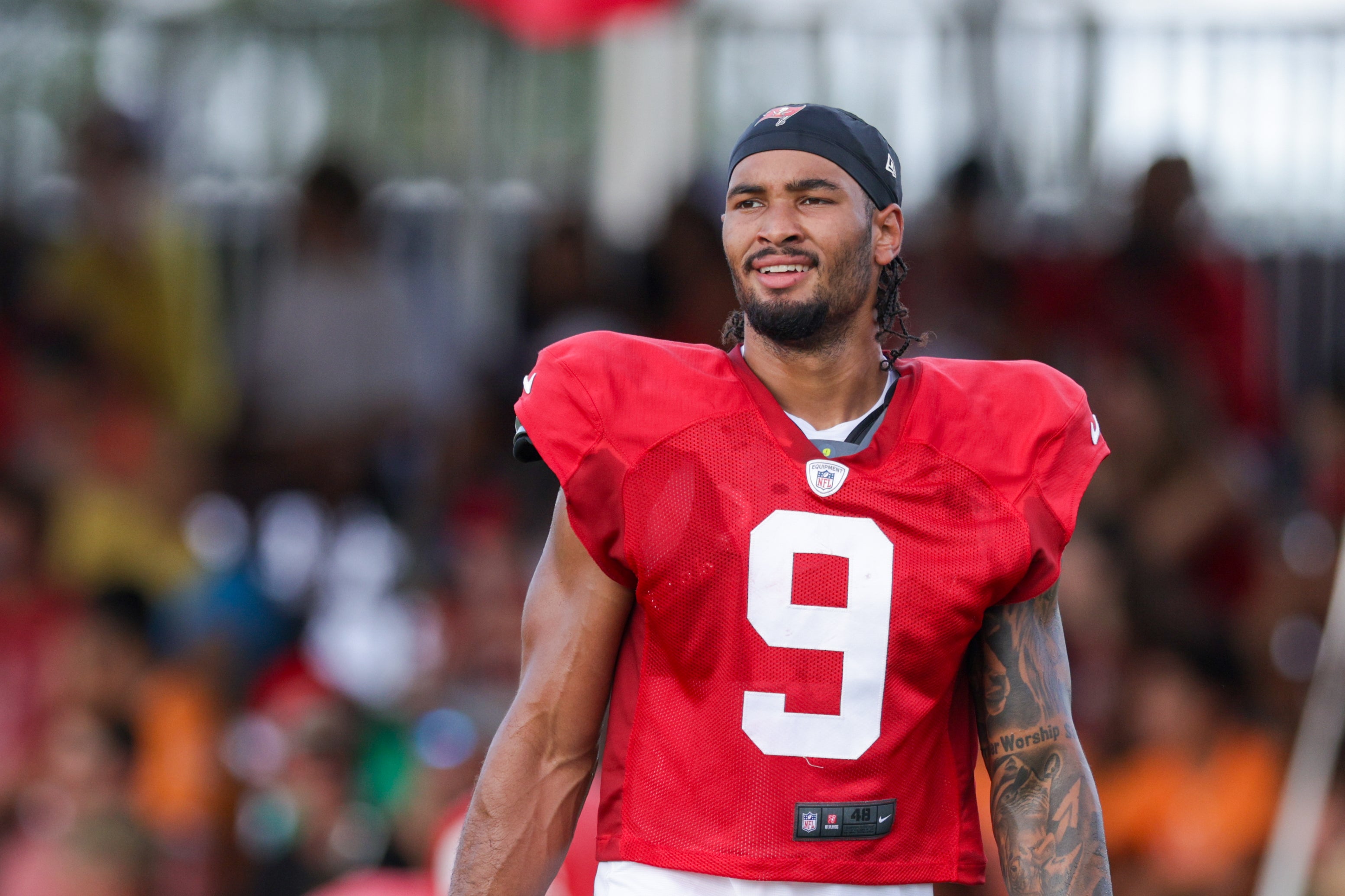 Jul 31, 2025; Tampa, FL, USA; Tampa Bay Buccaneers wide receiver Emeka Egbuka (9) participates in training camp at AdventHealth Training Center.