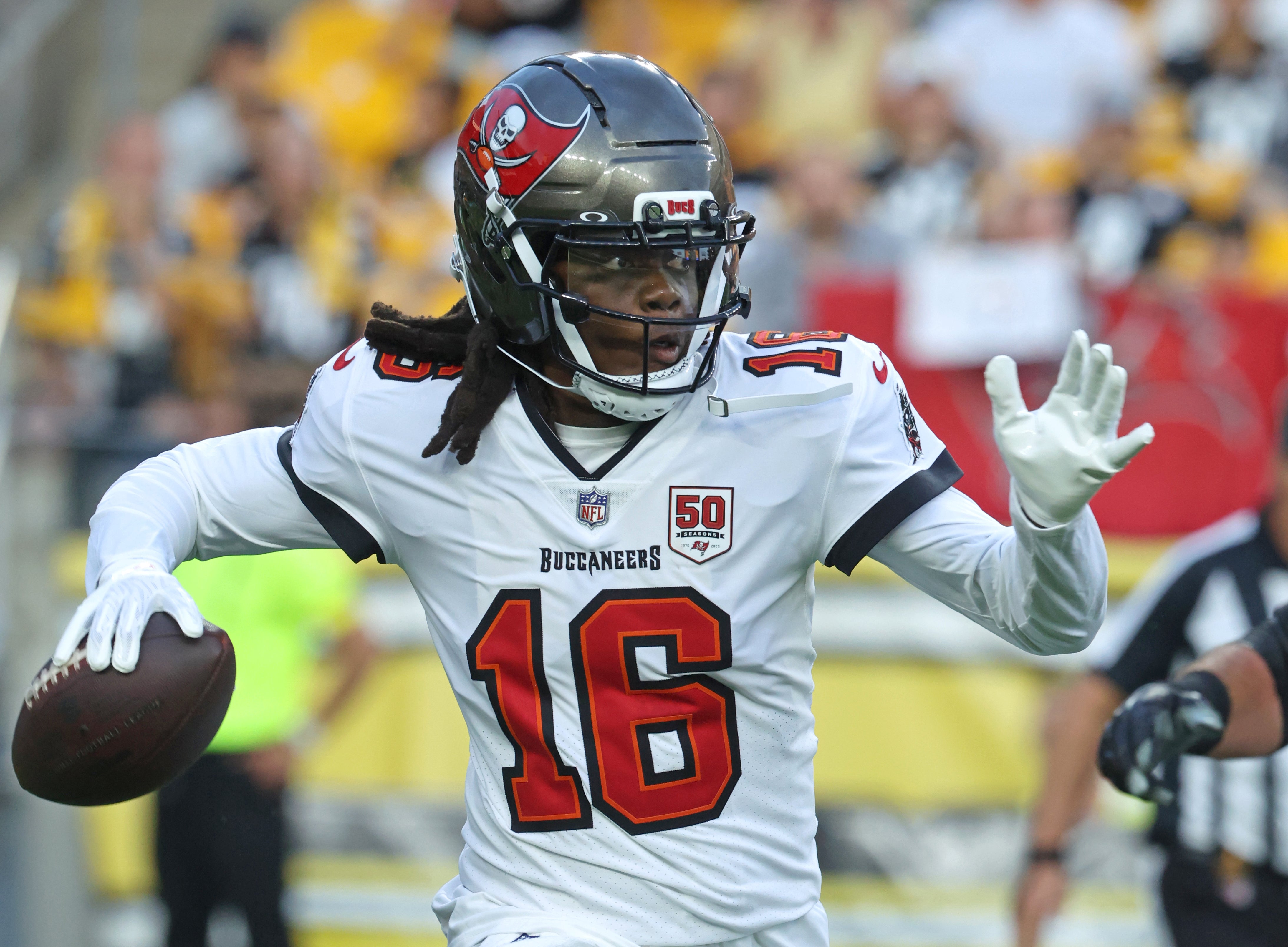 Aug 16, 2025; Pittsburgh, Pennsylvania, USA; Tampa Bay Buccaneers quarterback Teddy Bridgewater (16) passes the ball against the Pittsburgh Steelers during the first quarter at Acrisure Stadium. 