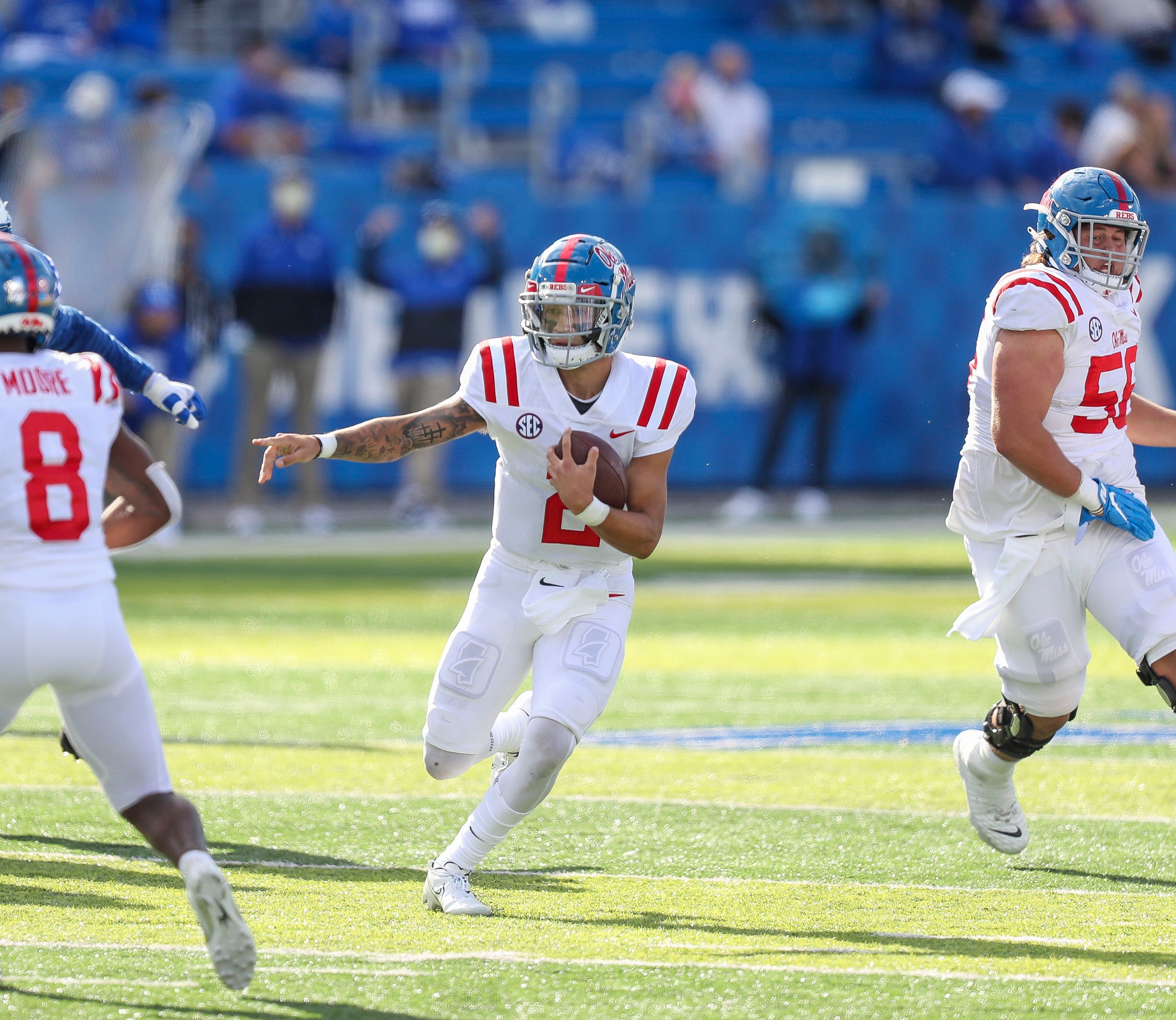 Oct 3, 2020; Lexington, Kentucky, USA; Mississippi Rebels quarterback Matt Corral (2) runs with the ball in the first half against Kentucky at Kroger Field. 