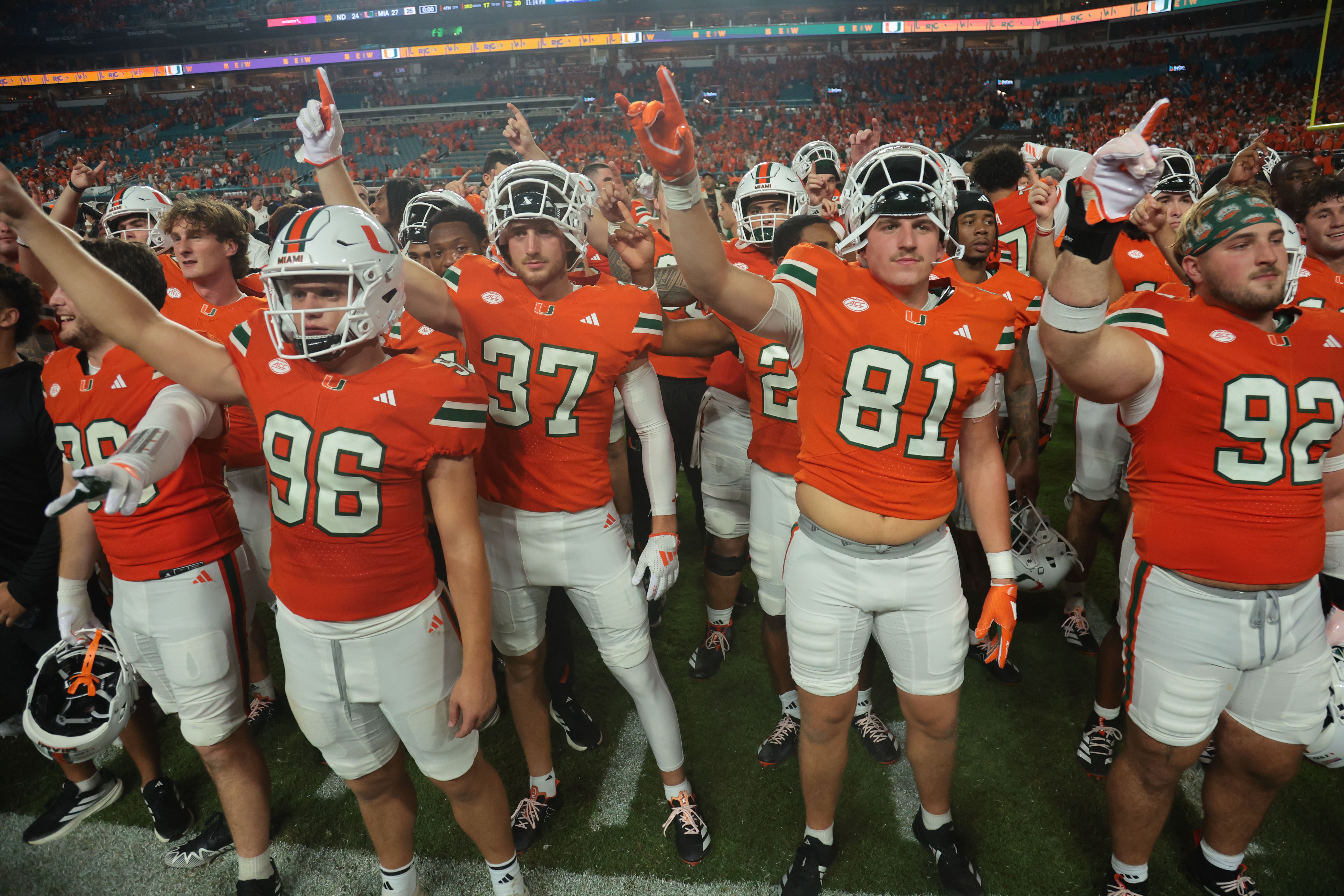 Aug 31, 2025; Miami Gardens, Florida, USA; The Miami Hurricanes react after defeating the Notre Dame Fighting Irish at Hard Rock Stadium.