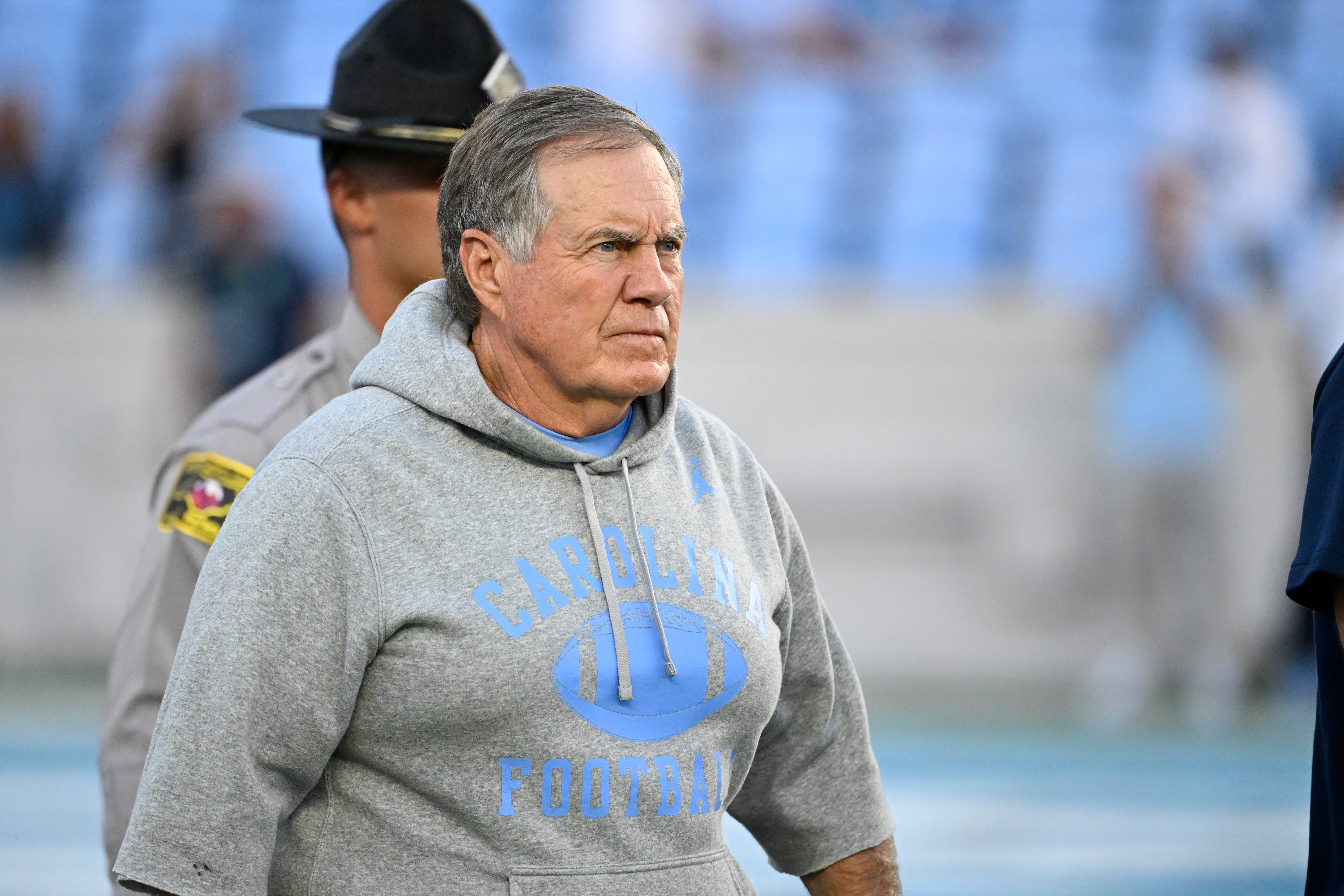 Sep 1, 2025; Chapel Hill, North Carolina, USA; North Carolina Tar Heels head coach Bill Belichick on the field before the game at Kenan Stadium.