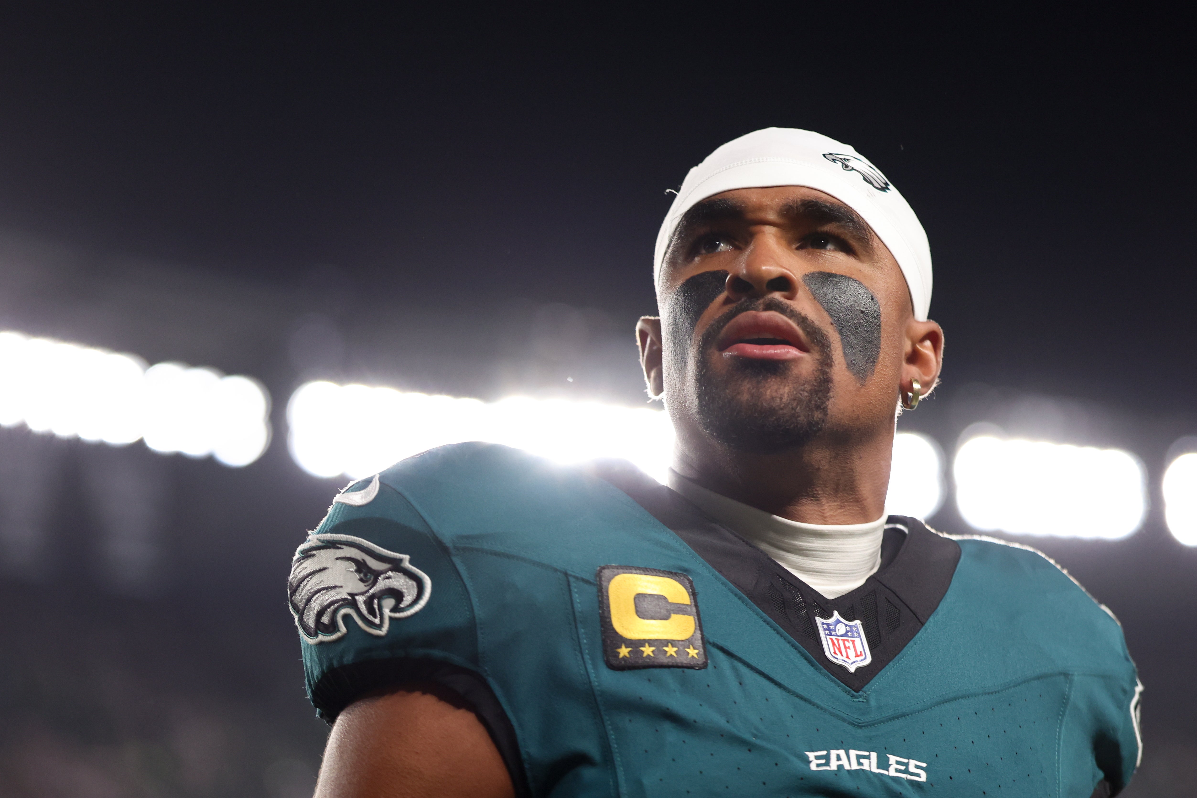 Philadelphia Eagles quarterback Jalen Hurts (1) looks on prior to the game against the Dallas Cowboys at Lincoln Financial Field.