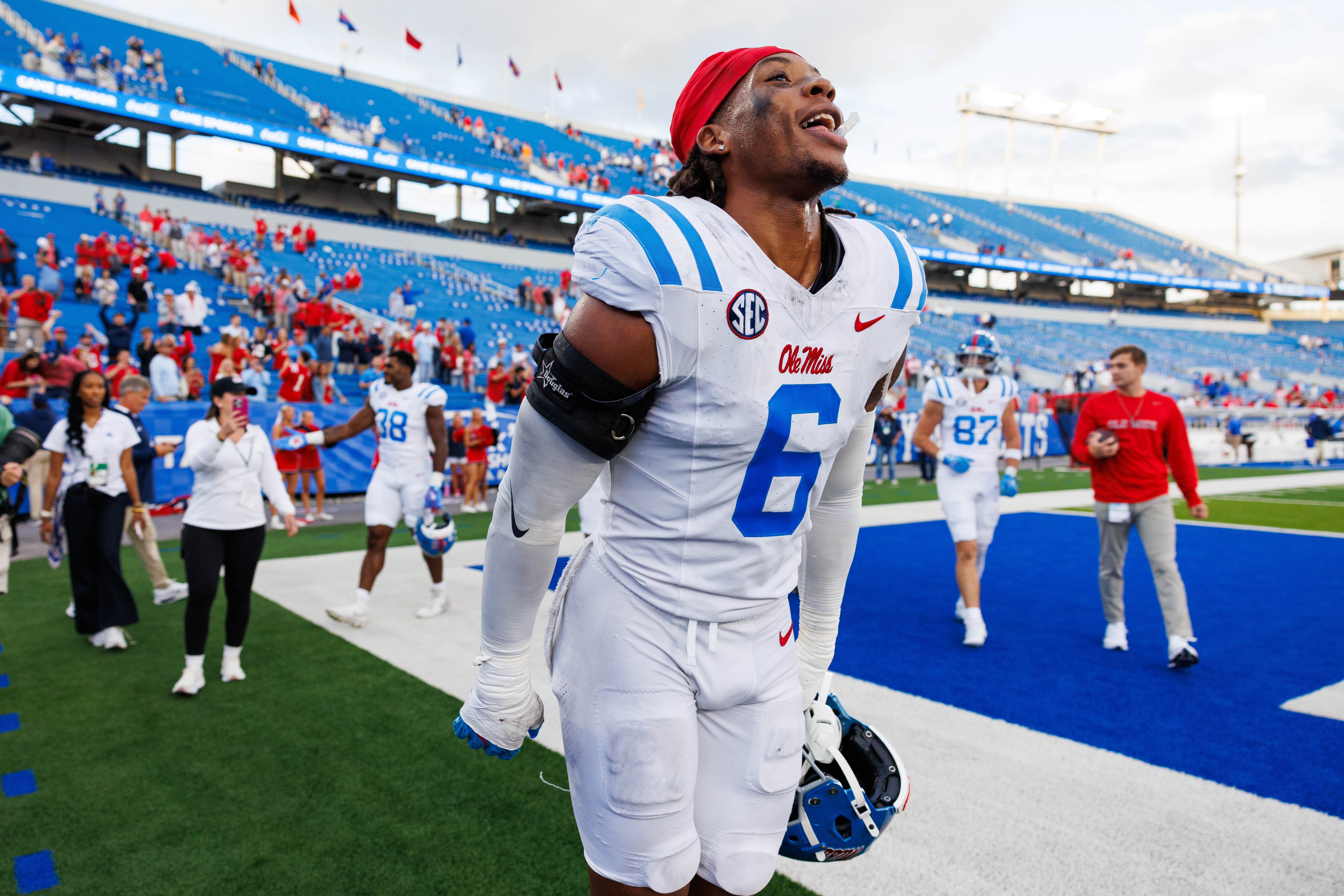 Sep 6, 2025; Lexington, Kentucky, USA; Mississippi Rebels linebacker TJ Dottery (6) runs off the field after the game against the Kentucky Wildcats at Kroger Field. 