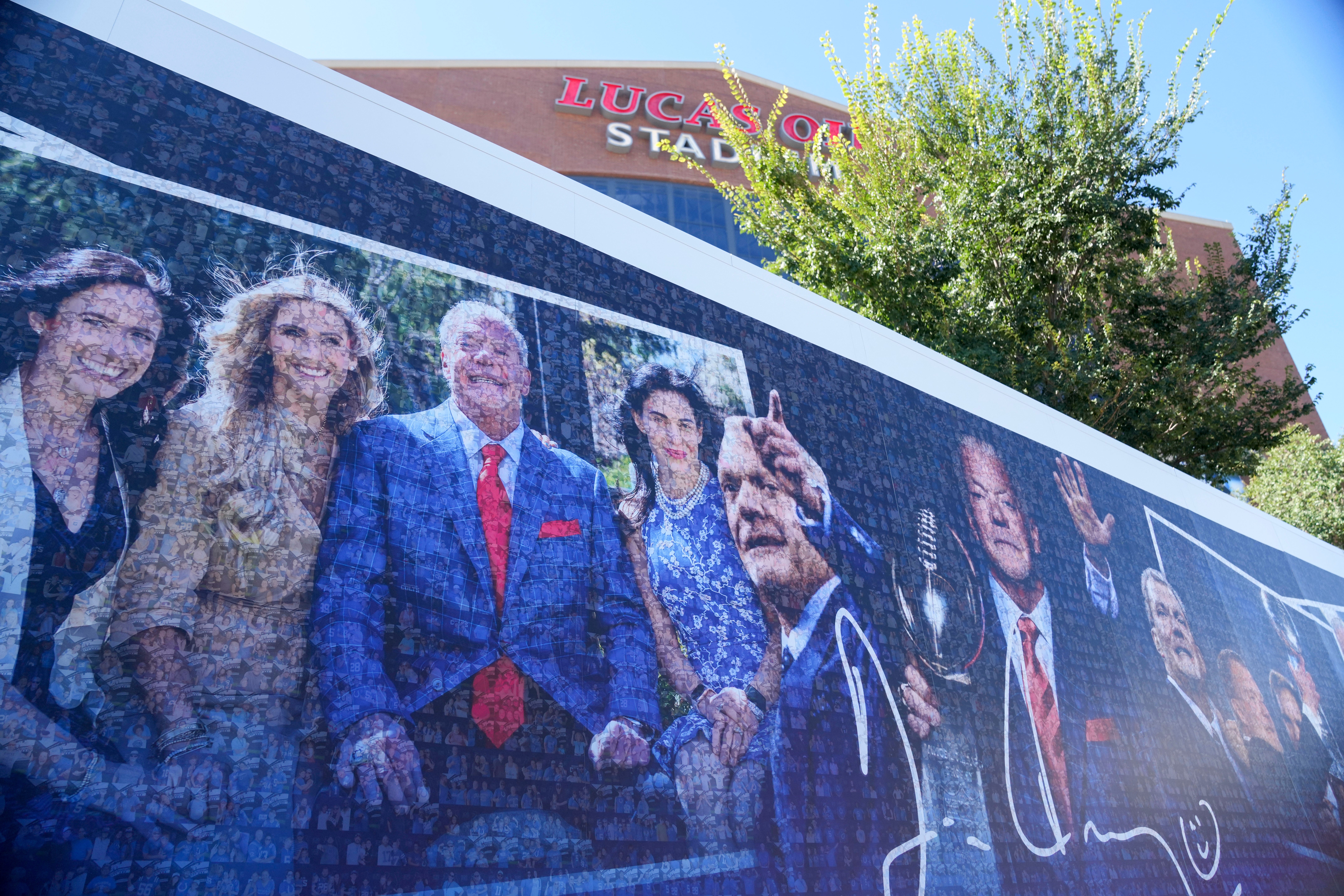 Mural outside of Lucas Oil Stadium honoring late Colts owner Jim Irsay