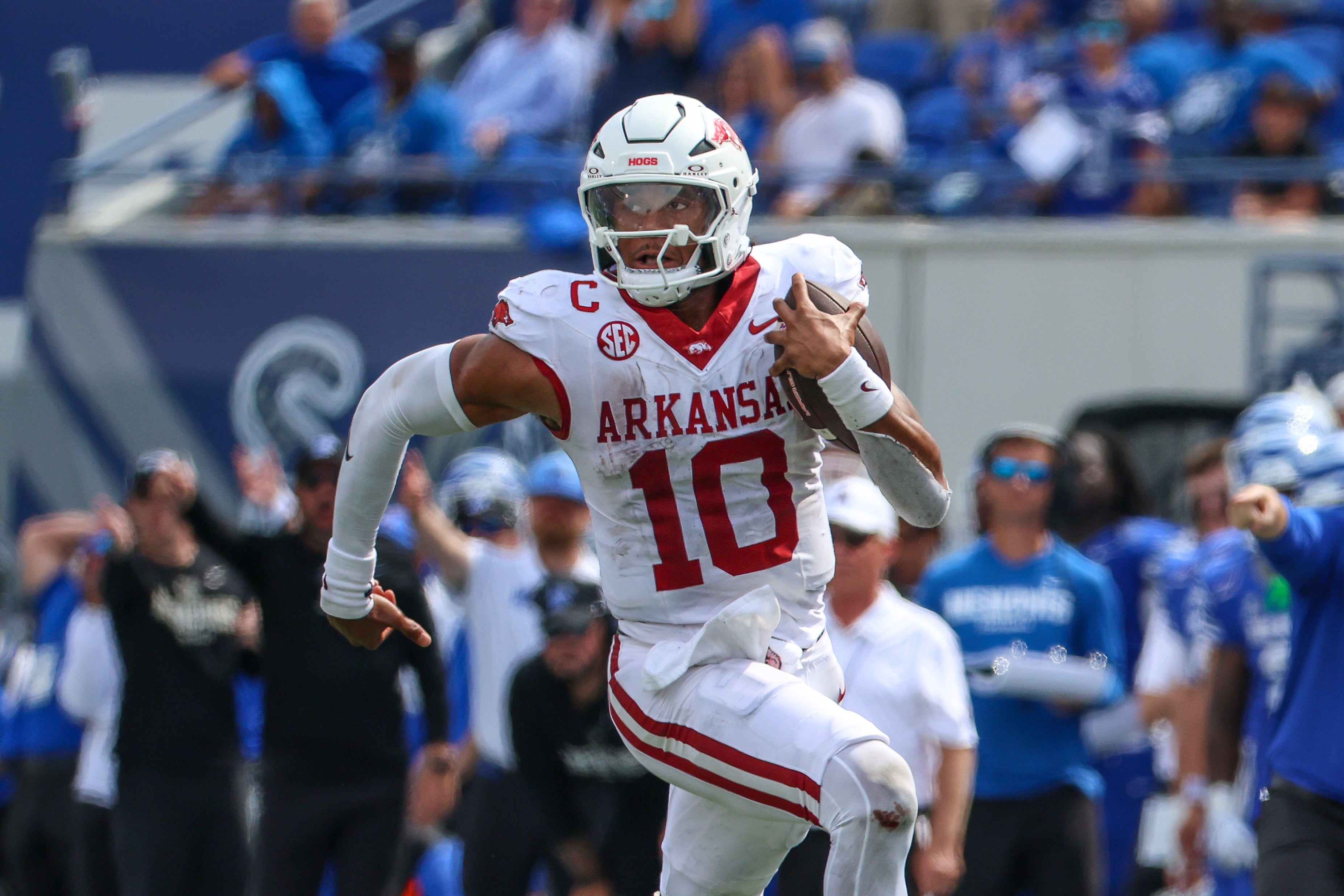 Sep 20, 2025; Memphis, Tennessee, USA; Arkansas Razorbacks quarterback Taylen Green (10) runs with the ball against the Memphis Tigers during the second half at Simmons Bank Liberty Stadium. Mandatory Credit: Wesley Hale-Imagn Images