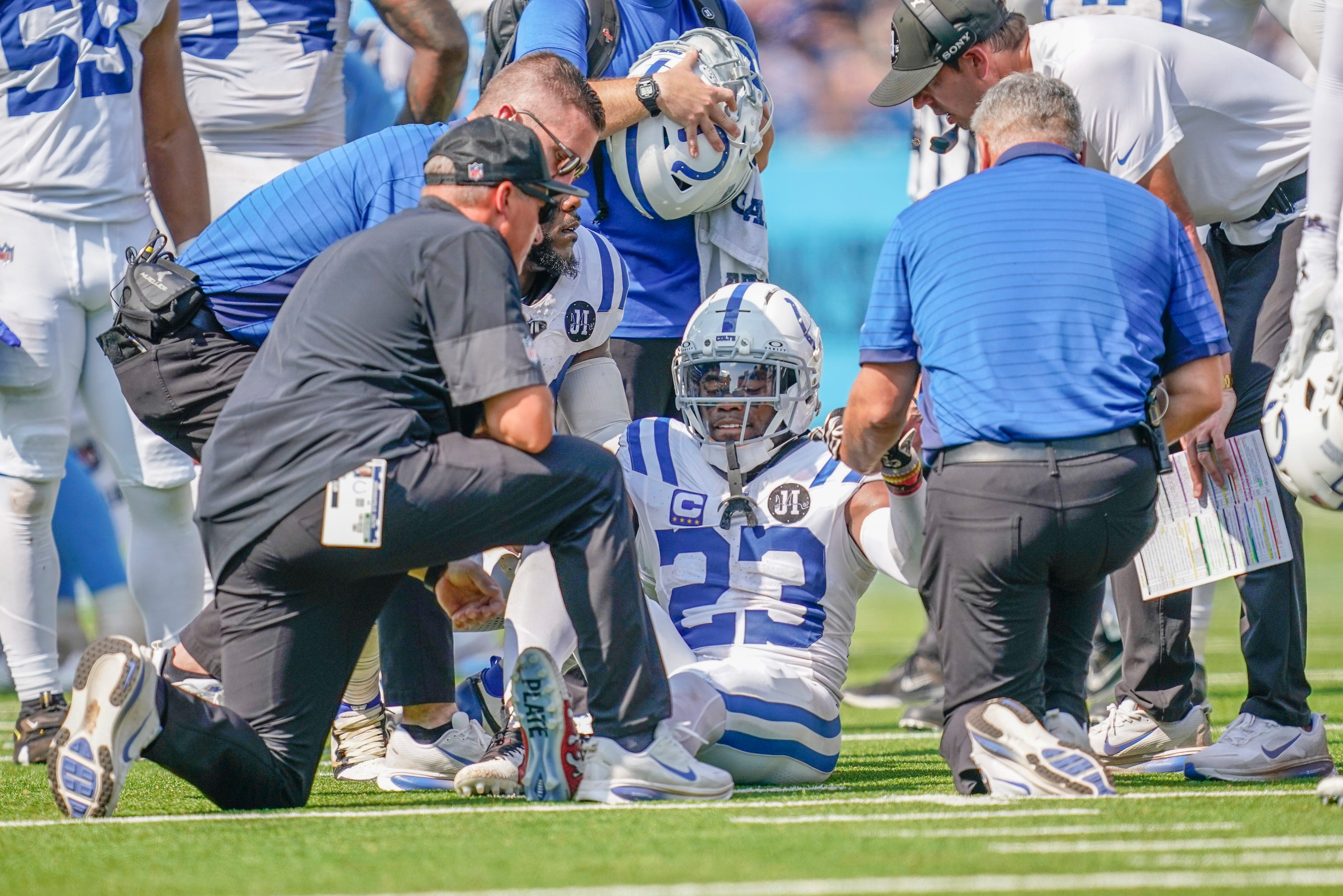 Colts CB Kenny Moore II down on the field after suffering an injury vs. the Titans