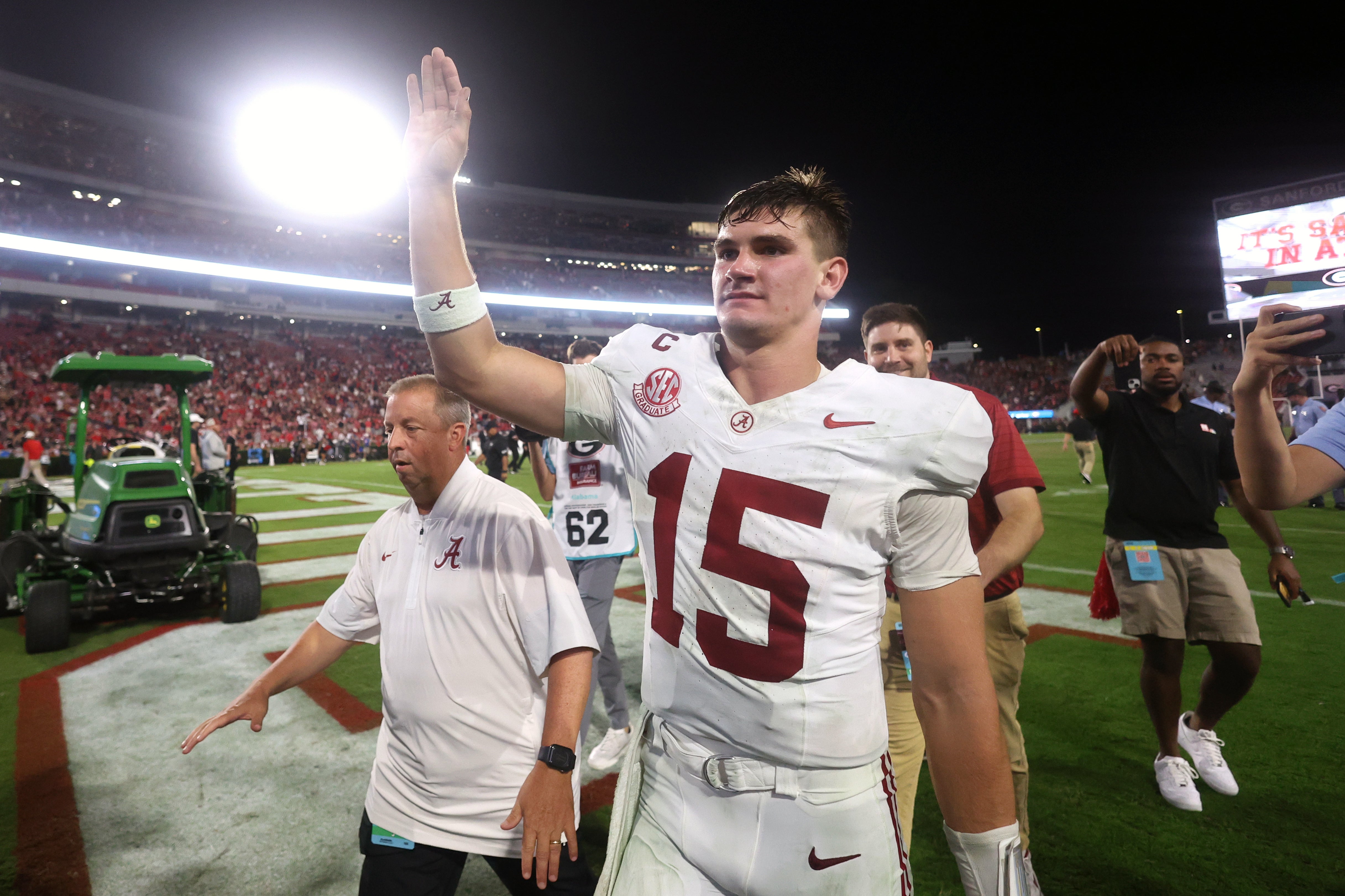 Sep 27, 2025; Athens, Georgia, USA; Alabama Crimson Tide quarterback Ty Simpson (15) celebrates after defeating the Georgia Bulldogs at Sanford Stadium.