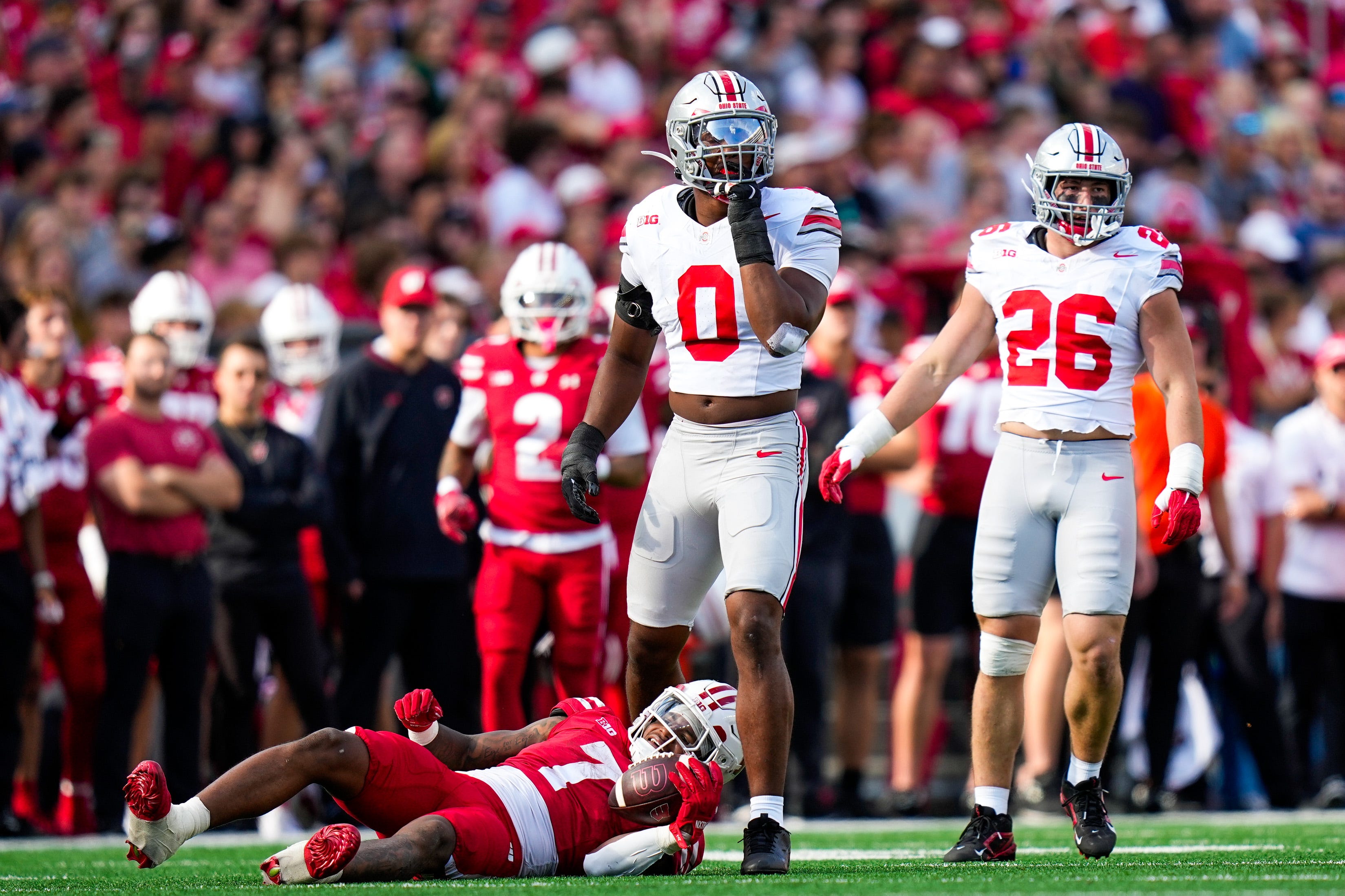 Ohio State Buckeyes linebacker Sonny Styles (0) celebrates in the first half at Camp Randall Stadium on Saturday, Oct. 18, 2025 in Madison, Wisconsin.