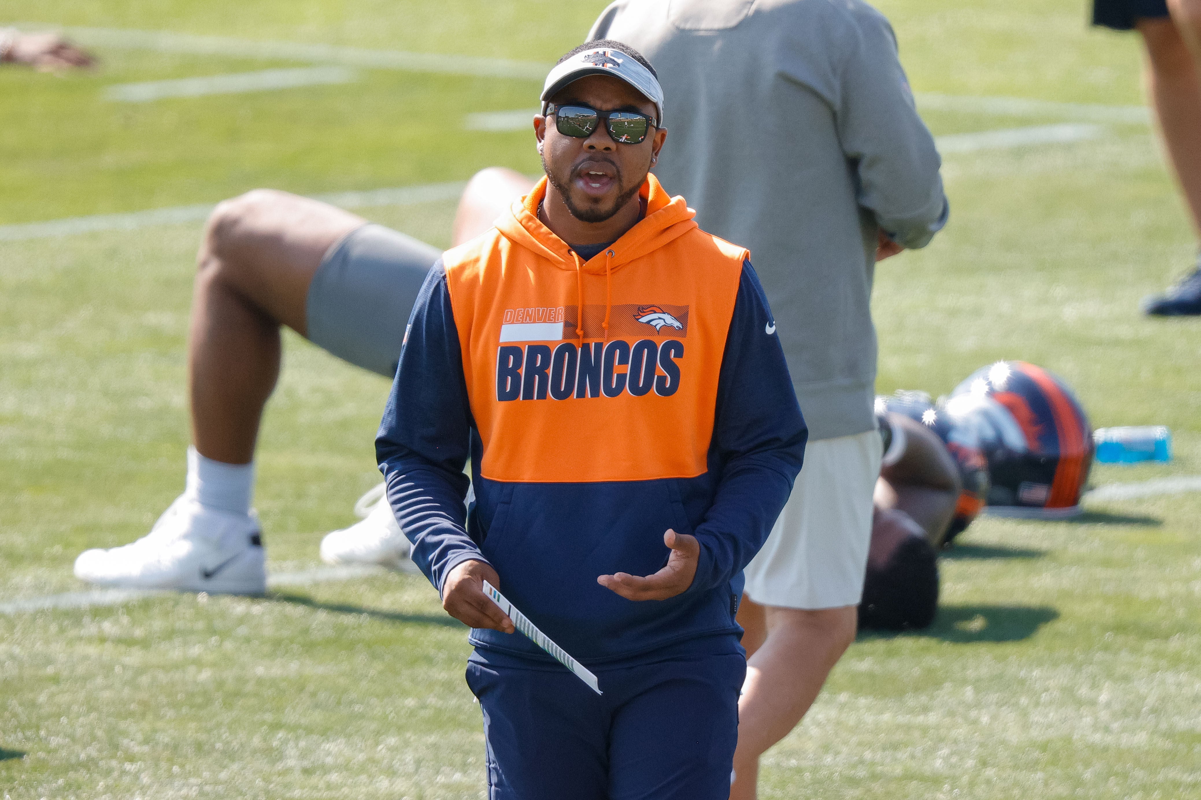 Jul 28, 2021; Englewood, CO, United States; Denver Broncos defensive backs coach Christian Parker during training camp at UCHealth Training Complex.