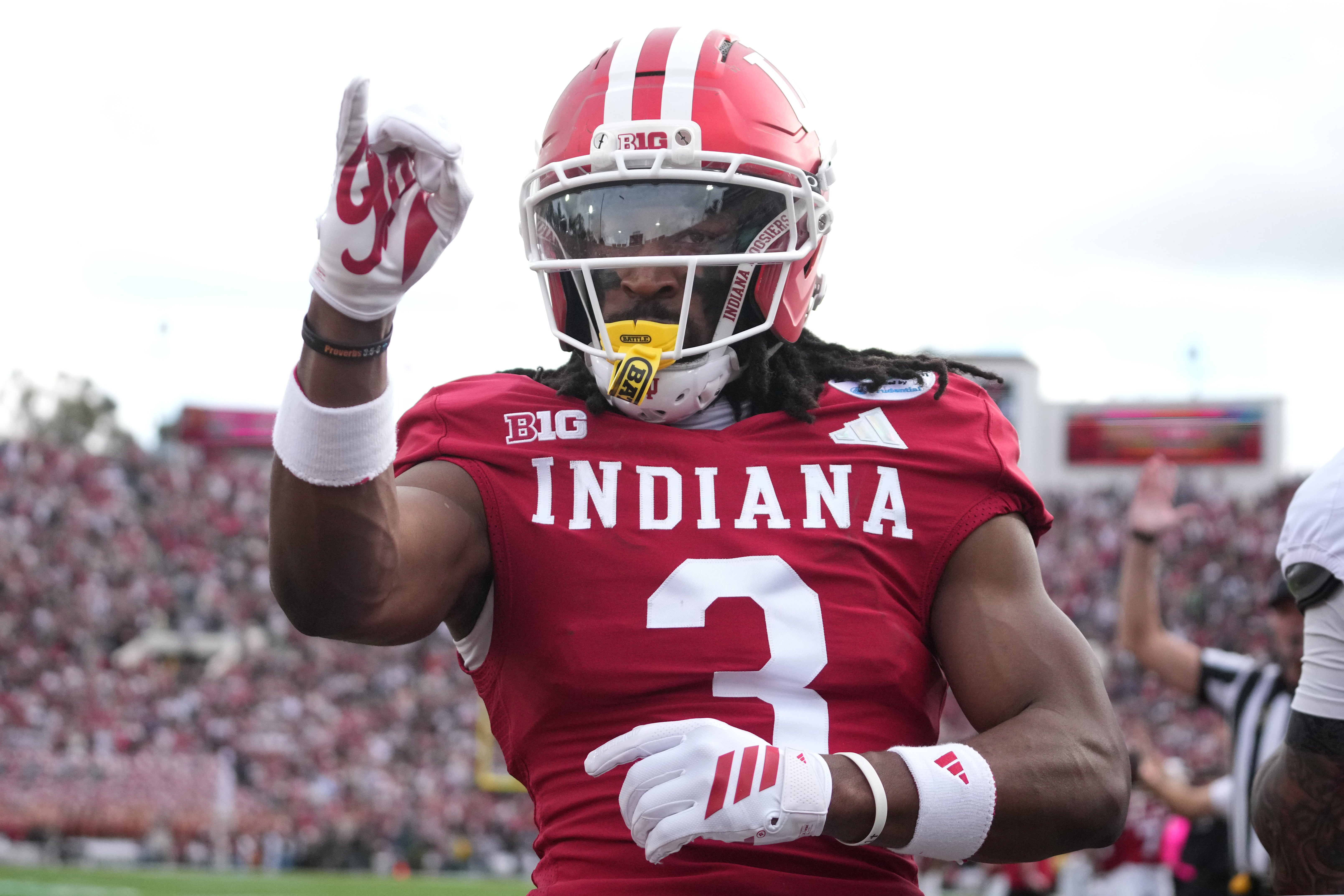 Jan 1, 2026; Pasadena, CA, USA; Indiana Hoosiers wide receiver Omar Cooper Jr. (3) celebrates after making a catch a touchdown against the Alabama Crimson Tide in the first half of the 2026 Rose Bowl and quarterfinal game of the College Football Playoff at Rose Bowl Stadium.