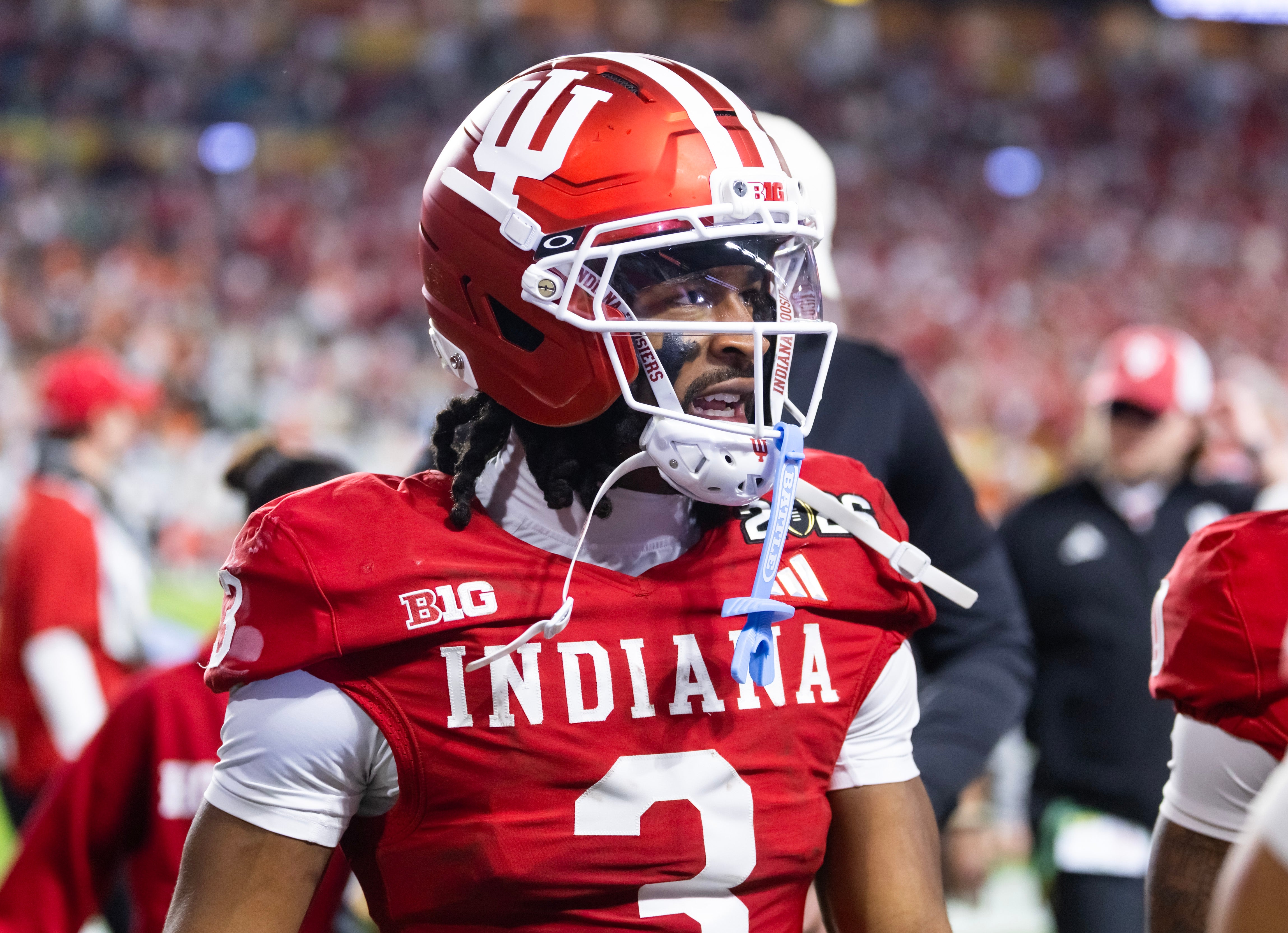 Jan 19, 2026; Miami Gardens, FL, USA; Indiana Hoosiers wide receiver Omar Cooper Jr. (3) against the Miami Hurricanes in the College Football Playoff National Championship game at Hard Rock Stadium.