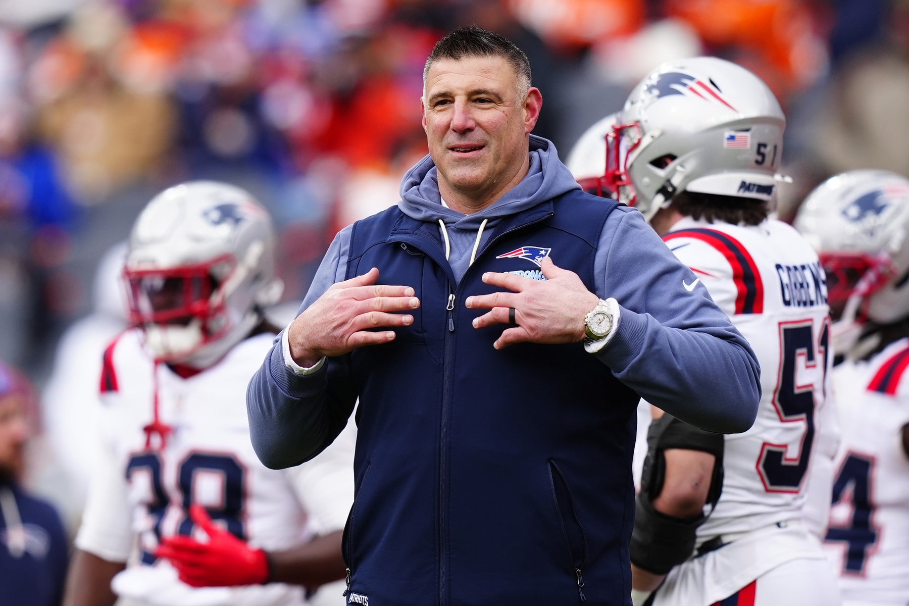 Jan 25, 2026; Denver, CO, USA;New England Patriots head coach Mike Vrabel before the 2026 AFC Championship Game at Empower Field at Mile High. 