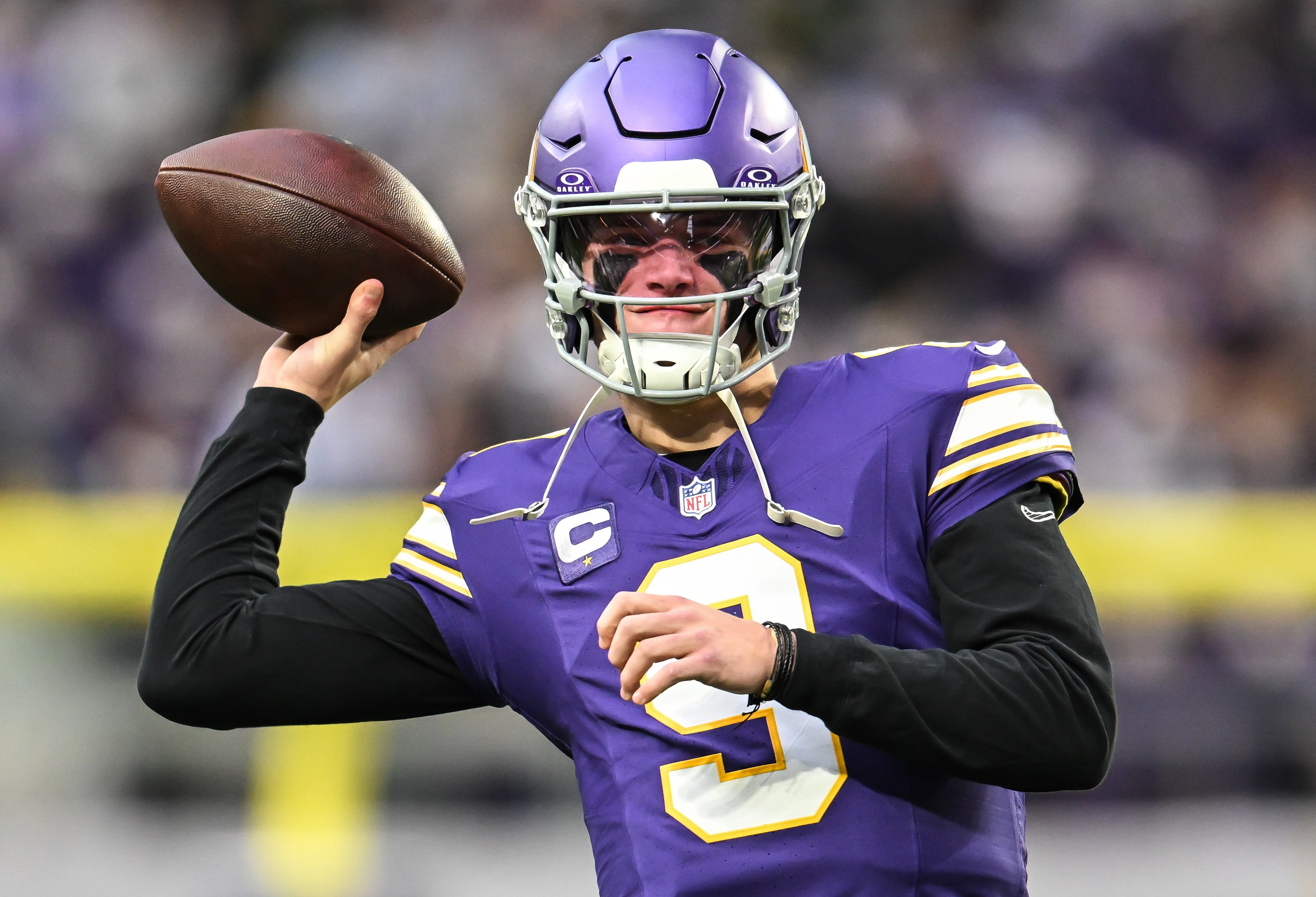 Jan 4, 2026; Minneapolis, Minnesota, USA; Minnesota Vikings quarterback J.J. McCarthy (9) warms up prior to the game against the Green Bay Packers at U.S. Bank Stadium.