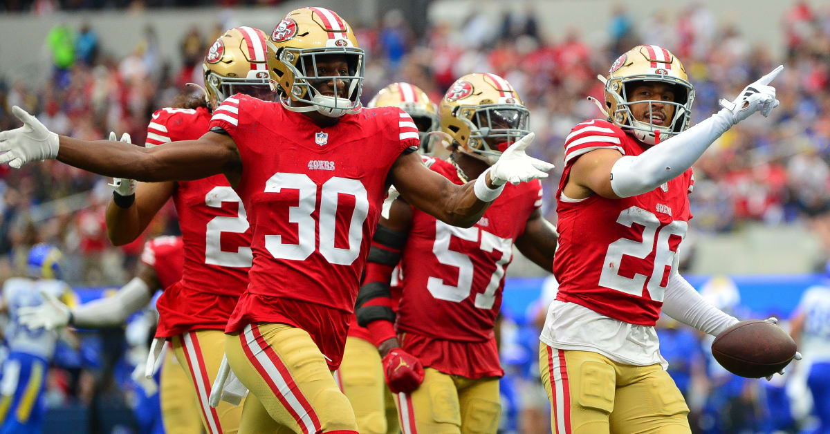 San Francisco 49ers cornerback Isaiah Oliver celebrates after the 49ers  defeated the Los Angeles Rams 30-23 in an NFL football game Sunday, Sept.  17, 2023, in Inglewood, Calif. (AP Photo/Gregory Bull Stock