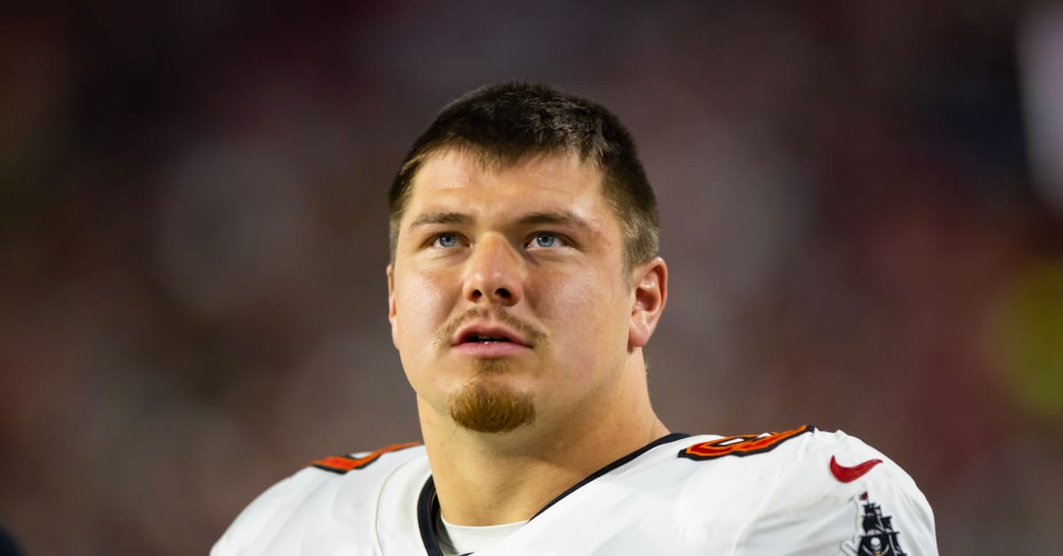 Tampa Bay Buccaneers guard Luke Goedeke (67) prepares to make a block  during the second half of an NFL football game against the Minnesota  Vikings, Sunday, Sept. 10, 2023, in Minneapolis. (AP