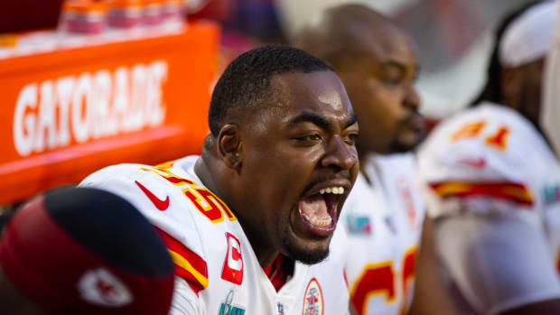 Kansas City Chiefs defensive tackle Chris Jones comes onto the field during  introductions before playing the Cincinnati Bengals in the NFL AFC  Championship playoff football game, Sunday, Jan. 29, 2023 in Kansas