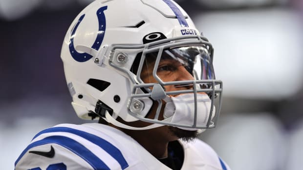 Indianapolis Colts tackle Bernhard Raimann (79) warms up on the field  before an NFL football game against the Detroit Lions, Saturday, Aug. 20,  2022, in Indianapolis. (AP Photo/Zach Bolinger Stock Photo - Alamy