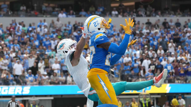 September 29, 2019: Joey Bosa #97 of Los Angeles in action during the NFL  football game between the Miami Dolphins and Los Angeles Chargers at Hard  Rock Stadium in Miami Gardens FL.