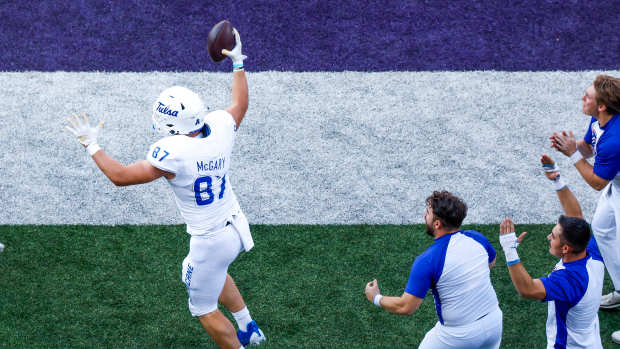 Sep 9, 2023; Seattle, Washington, USA; Tulsa Golden Hurricane tight end Luke Mcgary (87) celebrates after catching a touchdown pass against the Washington Huskies during the fourth quarter at Alaska Airlines Field at Husky Stadium.
