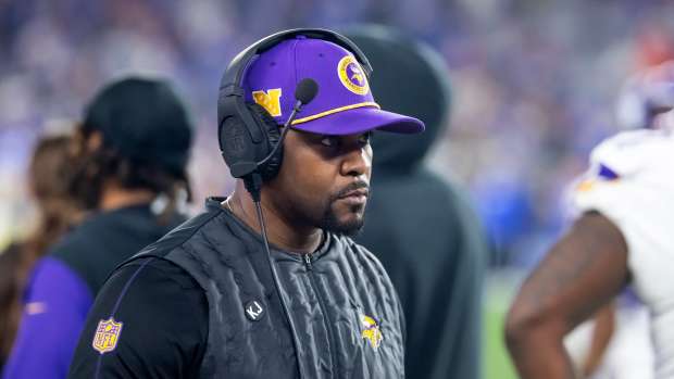 Jan 13, 2025; Glendale, AZ, USA; Minnesota Vikings defensive coordinator Brian Flores against the Los Angeles Rams during an NFC wild card game at State Farm Stadium.