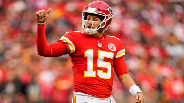 Kansas City Chiefs quarterback Patrick Mahomes wears military-style clothing  during warmups before an NFL football game against the Minnesota Vikings in  Kansas City, Mo., Sunday, Nov. 3, 2019. (AP Photo/Reed Hoffmann Stock