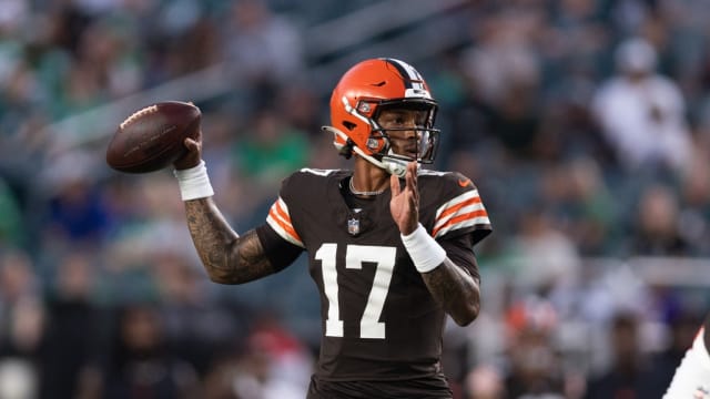 Cleveland Browns safety Ronnie Hickman Jr. (33) celebrates an interception  with teammates during the first half of an NFL preseason football game  against the Philadelphia Eagles on Thursday, Aug. 17, 2023, in