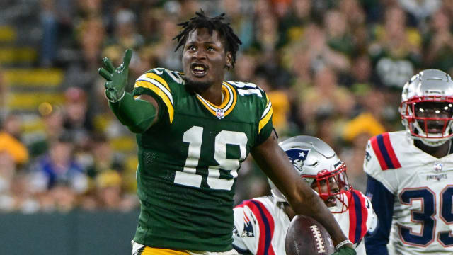 Green Bay Packers center Josh Myers (71) waits for the completion of a  replay review during the first half of an NFL football game against the  Atlanta Falcons, Sunday, Sep. 17, 2023