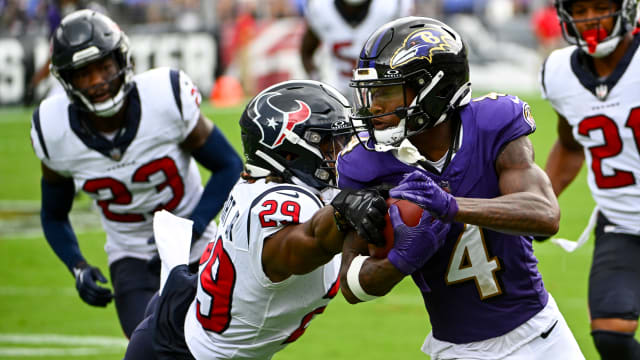 Baltimore Ravens' Zay Flowers during the first half of an NFL