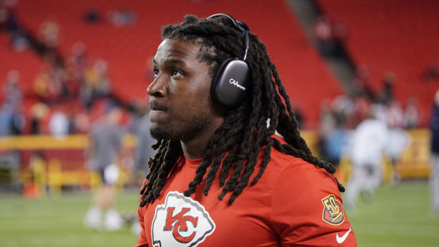 Kansas City Chiefs running back Isiah Pacheco (left) exchanges his jersey  with Los Angeles Chargers defensive tackle Sebastian Joseph-Day (right)  after an NFL football game Thursday, Sep. 15, 2022, in Kansas City