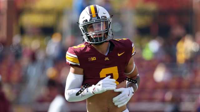Oct 26, 2024; Minneapolis, Minnesota, USA; Minnesota Golden Gophers defensive back Koi Perich (3) warms up before the game against the Maryland Terrapins at Huntington Bank Stadium.