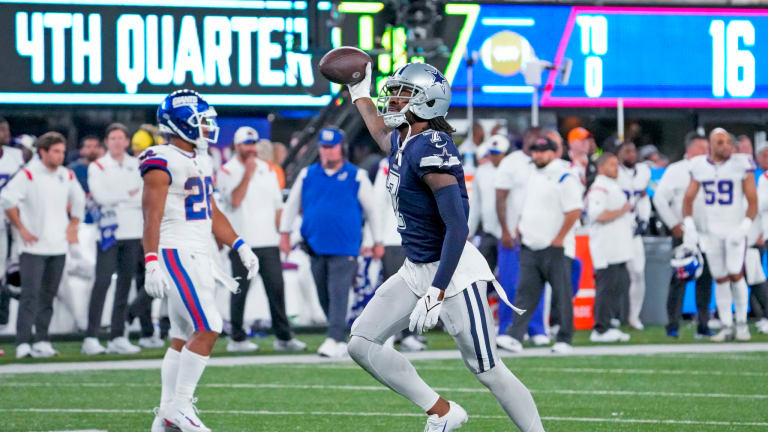 Sep 26, 2022; East Rutherford, NJ, USA; Dallas Cowboys cornerback Trevon Diggs (7) celebrates after making an interception during the fourth quarter against the New York Giants at MetLife Stadium. Mandatory Credit: Robert Deutsch-USA TODAY Sports (NFL)