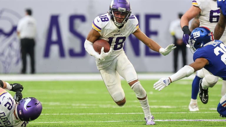 Justin Jefferson of the Minnesota Vikings reacts after catching