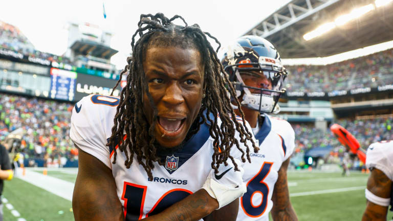 Denver Broncos wide receiver Jerry Jeudy stands on the sideline