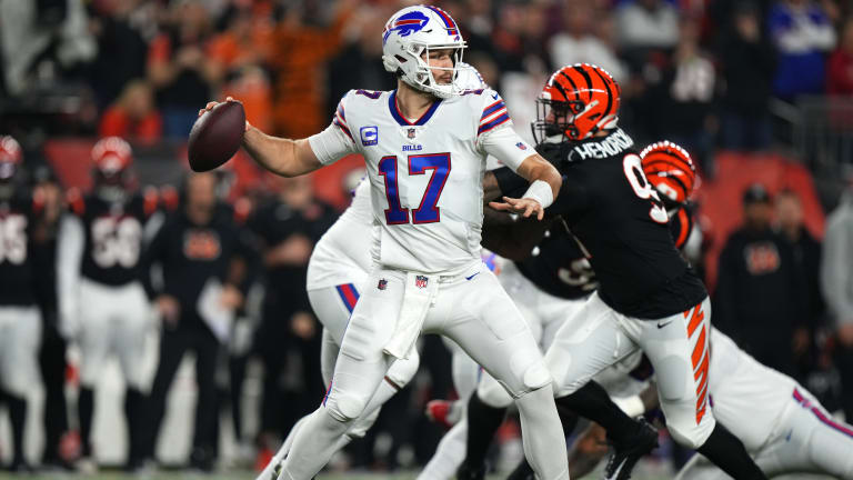 Bills' Josh Allen Sports Ryan Fitzpatrick Jersey in Pregame vs