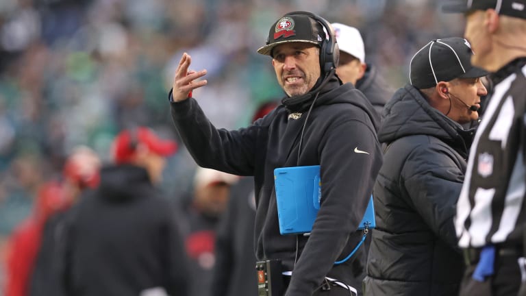 San Francisco 49ers head coach Kyle Shanahan during the first half of an  NFL football game agai …