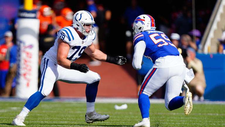 Indianapolis Colts tackle Bernhard Raimann (79) walks to the huddle during  an NFL football game against the Detroit Lions, Saturday, Aug. 20, 2022, in  Indianapolis. (AP Photo/Zach Bolinger Stock Photo - Alamy