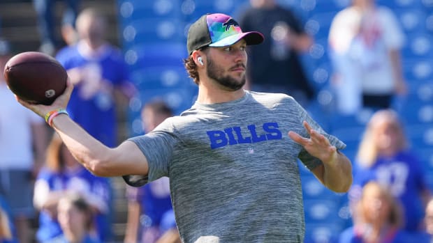 Josh Allen Sports Bold New Bills Helmet at Practice, Elicits