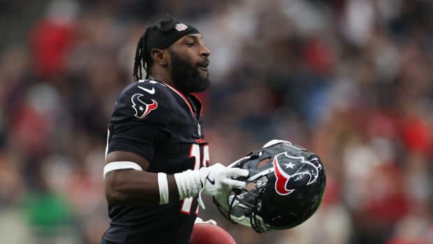Nov 24, 2024; Houston, Texas, USA; Houston Texans cornerback Kris Boyd (17) celebrates after recovering a Tennessee Titans fumble in the fourth quarter at NRG Stadium.