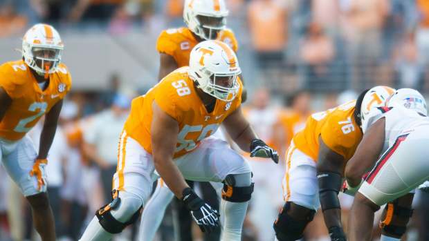 Tennessee offensive lineman Darnell Wright (58) during football game between Tennessee and Ball State at Neyland Stadium in Knoxville, Tenn. on Thursday, Sept. 1, 2022. Kns Utvbs0901