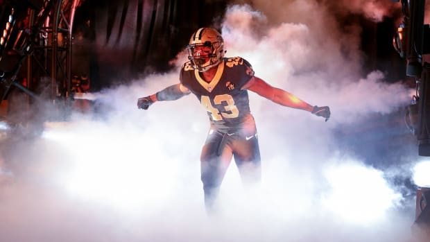 Nov 22, 2018; New Orleans, LA, USA; New Orleans Saints free safety Marcus Williams (43) runs out of the tunnel during pre-game player introductions before their game against the Atlanta Falcons at the Mercedes-Benz Superdome.