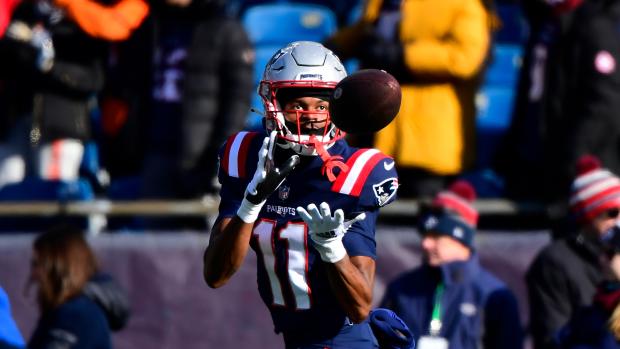 Dec 24, 2022; Foxborough, Massachusetts, USA; New England Patriots wide receiver Tyquan Thornton (11) warms up before the start of a game against the Cincinnati Bengals at Gillette Stadium.