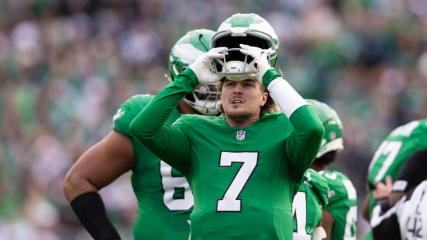 Philadelphia Eagles quarterback Kenny Pickett (7) looks on during the second quarter against the Dallas Cowboys at Lincoln Financial Field.