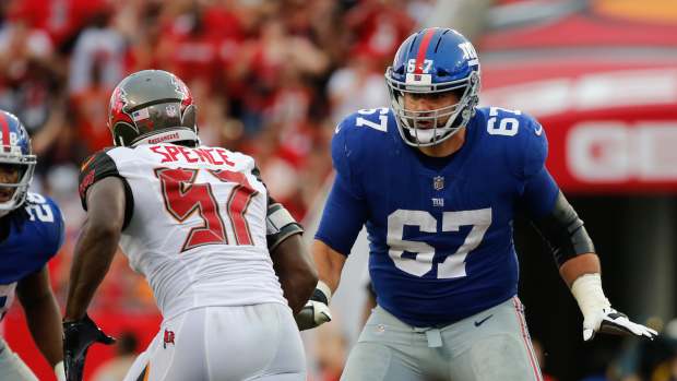 Oct 1, 2017; Tampa, FL, USA; New York Giants offensive guard Justin Pugh (67) blocks as Tampa Bay Buccaneers defensive end Noah Spence (57) rushes during the second half at Raymond James Stadium.
