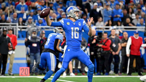Jan 21, 2024; Detroit, Michigan, USA; Detroit Lions quarterback Jared Goff (16) passes the ball against the Tampa Bay Buccaneers during the first quarter in a 2024 NFC divisional round game at Ford Field.