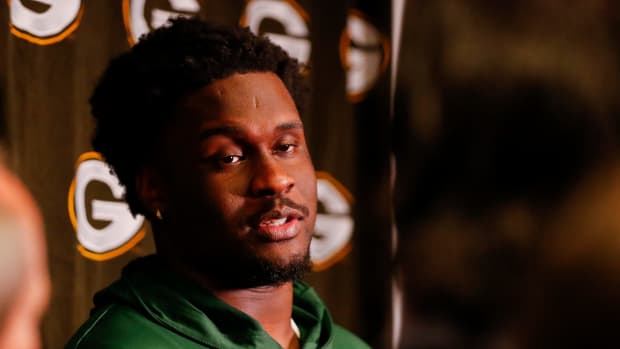 Green Bay Packers rookie offensive tackle Anthony Belton is interviewed by the media during rookie minicamp on Friday, May 2, 2025, at Lambeau Field in Green Bay, Wisconsin. The Packers selected Belton with their second round pick in the 2025 NFL Draft.