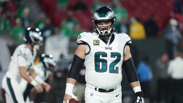 Philadelphia Eagles center Jason Kelce (62) warms up before a 2024 NFC wild card game against the Tampa Bay Buccaneers at Raymond James Stadium.